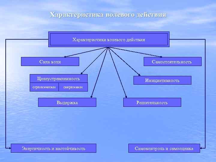 Характеристика волевого действия Характеристики волевого действия Сила воли Самостоятельность Целеустремленность стратегическая Инициативность оперативная Выдержка