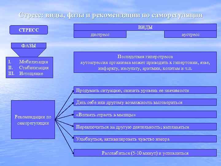 Стресс: виды, фазы и рекомендации по саморегуляции СТРЕСС ВИДЫ дистресс аустресс ФАЗЫ I. Мобилизация