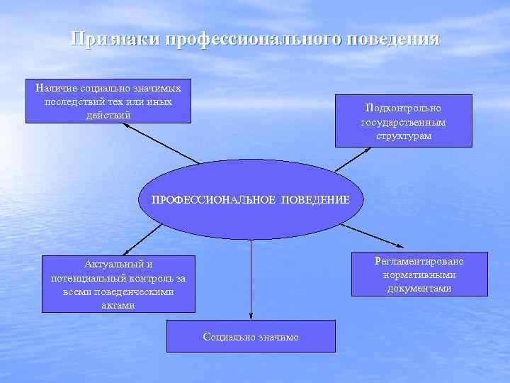 Признаки профессионального поведения Наличие социально значимых последствий тех или иных действий Подконтрольно государственным структурам