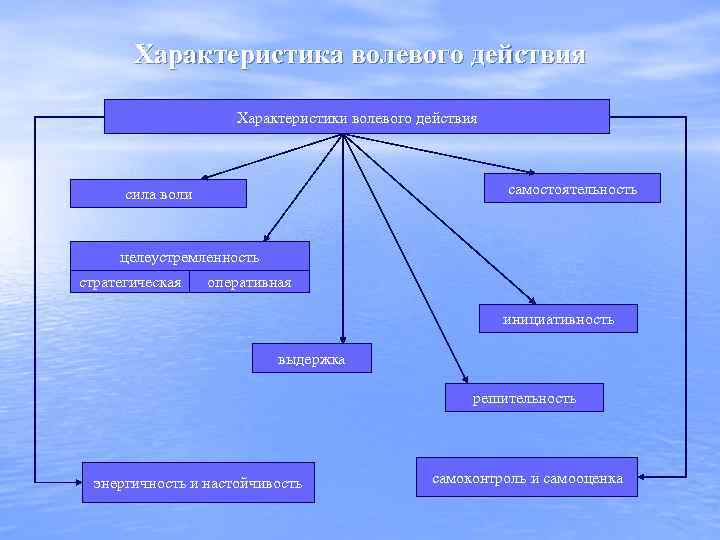 Характеристика волевого действия Характеристики волевого действия самостоятельность сила воли целеустремленность стратегическая оперативная инициативность выдержка