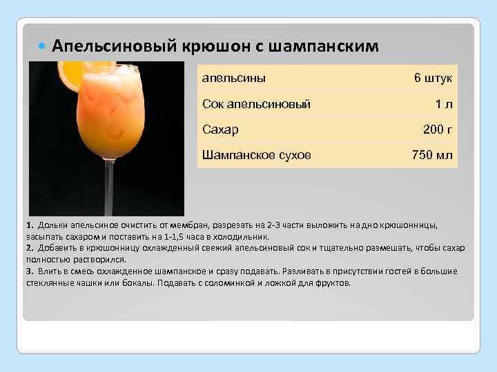  Апельсиновый крюшон с шампанским апельсины Сок апельсиновый Сахар Шампанское сухое 6 штук 1