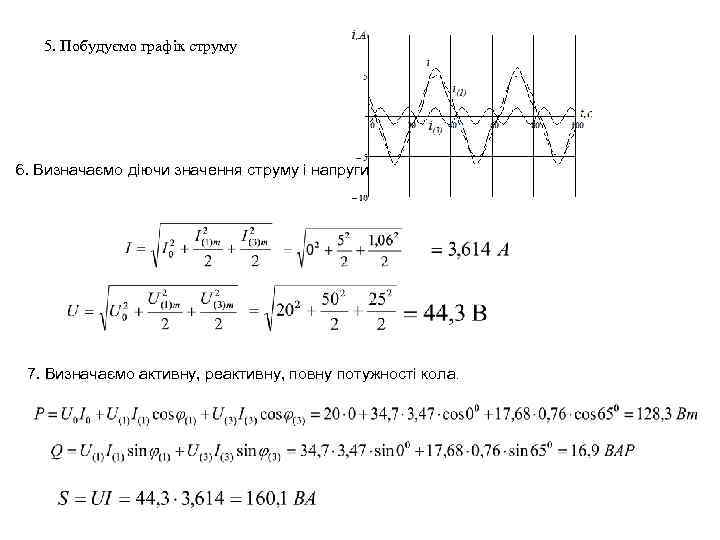 5. Побудуємо графік струму 6. Визначаємо діючи значення струму і напруги 7. Визначаємо активну,