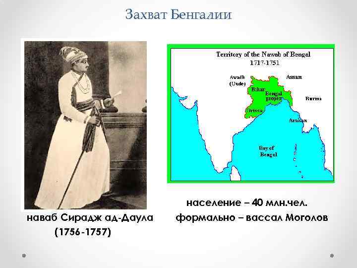 Захват Бенгалии • • наваб Сирадж ад-Даула (1756 -1757) население – 40 млн. чел.