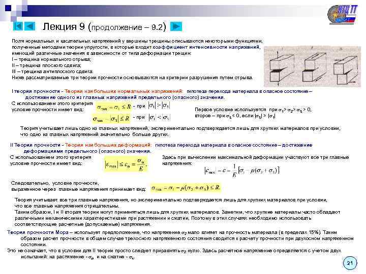 Лекция 9 (продолжение – 9. 2) Поля нормальных и касательных напряжений у вершины трещины