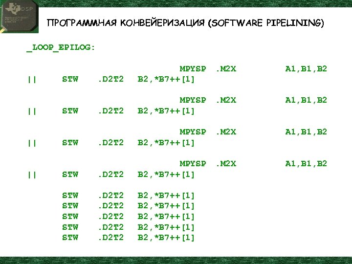 ПРОГРАММНАЯ КОНВЕЙЕРИЗАЦИЯ (SOFTWARE PIPELINING) _LOOP_EPILOG: || || A 1, B 2 . D 2
