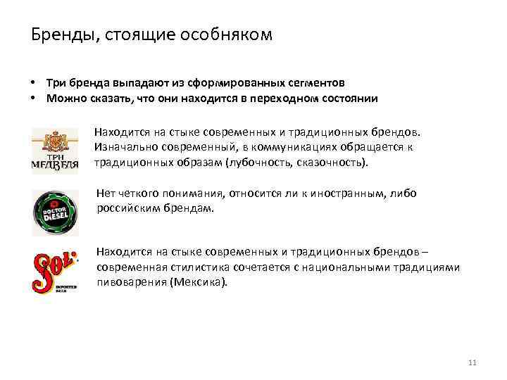 Бренды, стоящие особняком • Три бренда выпадают из сформированных сегментов • Можно сказать, что