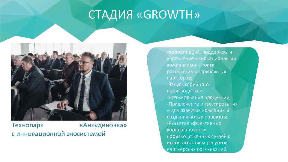 СТАДИЯ «GROWTH» Технопарк «Анкудиновка» с инновационной экосистемой -Координация, поддержка и управление инновационными компаниями –