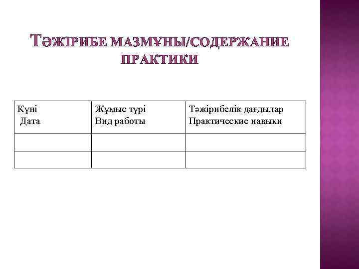 ТӘЖІРИБЕ МАЗМҰНЫ/СОДЕРЖАНИЕ ПРАКТИКИ Күні Дата Жұмыс түрі Вид работы Тәжірибелік дағдылар Практические навыки 