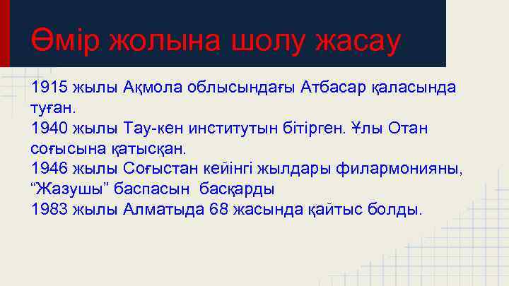 Өмір жолына шолу жасау 1915 жылы Ақмола облысындағы Атбасар қаласында туған. 1940 жылы Тау-кен