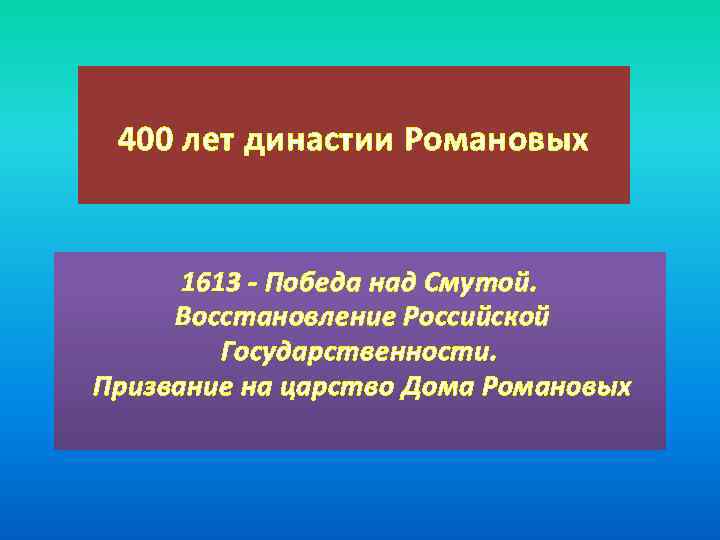 400 лет династии Романовых 1613 - Победа над Смутой. Восстановление Российской Государственности. Призвание на