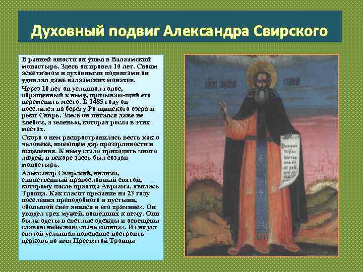 Духовный подвиг Александра Свирского В ранней юности он ушел в Валаамский монастырь. Здесь он