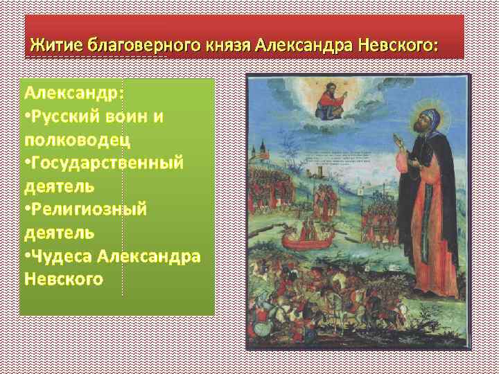 Житие благоверного князя Александра Невского: Александр: • Русский воин и полководец • Государственный деятель