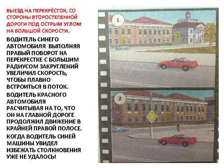 ВЫЕЗД НА ПЕРЕКРЁСТОК, СО СТОРОНЫ ВТОРОСТЕПЕННОЙ ДОРОГИ ПОД ОСТРЫМ УГЛОМ НА БОЛЬШОЙ СКОРОСТИ. ВОДИТЕЛЬ