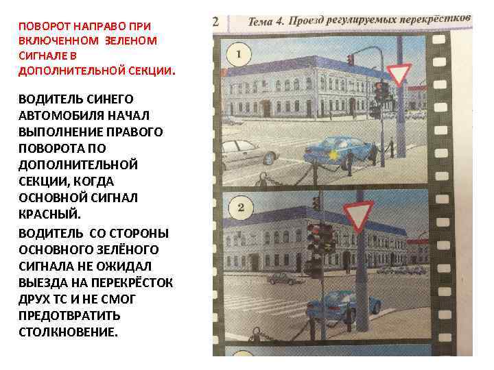 ПОВОРОТ НАПРАВО ПРИ ВКЛЮЧЕННОМ ЗЕЛЕНОМ СИГНАЛЕ В ДОПОЛНИТЕЛЬНОЙ СЕКЦИИ. ВОДИТЕЛЬ СИНЕГО АВТОМОБИЛЯ НАЧАЛ ВЫПОЛНЕНИЕ