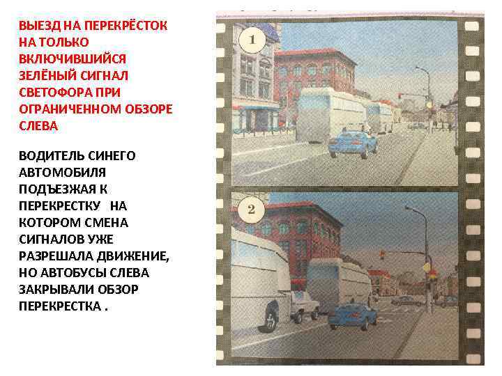 ВЫЕЗД НА ПЕРЕКРЁСТОК НА ТОЛЬКО ВКЛЮЧИВШИЙСЯ ЗЕЛЁНЫЙ СИГНАЛ СВЕТОФОРА ПРИ ОГРАНИЧЕННОМ ОБЗОРЕ СЛЕВА ВОДИТЕЛЬ