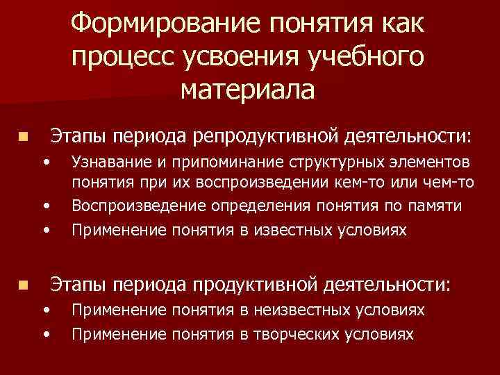 Формирование понятия как процесс усвоения учебного материала n Этапы периода репродуктивной деятельности: • •