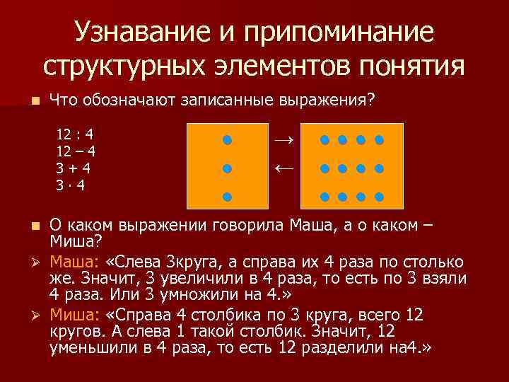 Узнавание и припоминание структурных элементов понятия n Что обозначают записанные выражения? 12 : 4