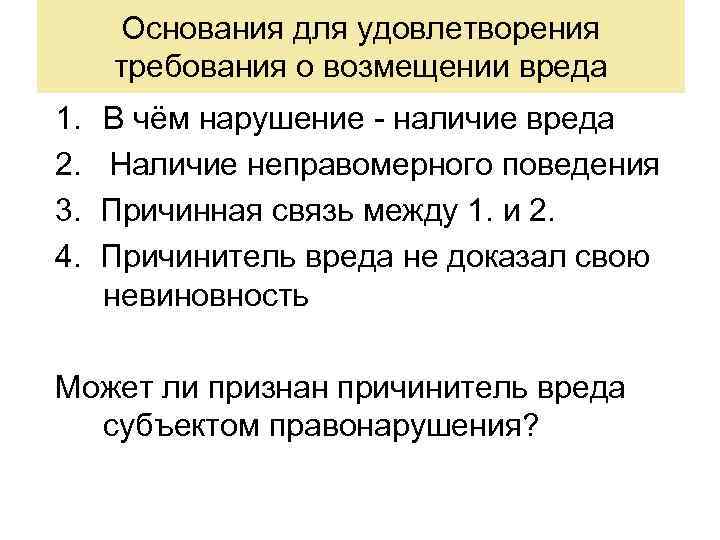 Основания для удовлетворения требования о возмещении вреда 1. 2. 3. 4. В чём нарушение