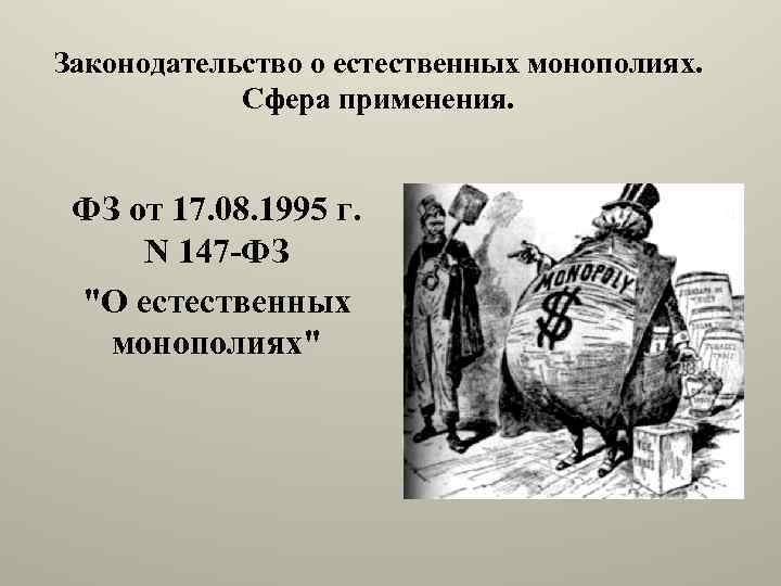 Законодательство о естественных монополиях. Сфера применения. ФЗ от 17. 08. 1995 г. N 147