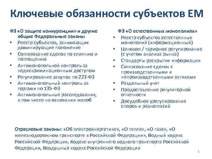 Ключевые обязанности субъектов ЕМ ФЗ «О защите конкуренции» и другие общие Федеральные законы •