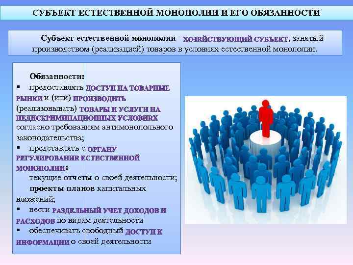 СУБЪЕКТ ЕСТЕСТВЕННОЙ МОНОПОЛИИ И ЕГО ОБЯЗАННОСТИ Субъект естественной монополии , занятый производством (реализацией) товаров