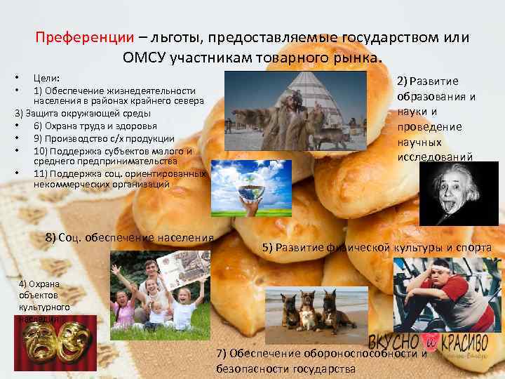 Преференции – льготы, предоставляемые государством или ОМСУ участникам товарного рынка. Цели: 1) Обеспечение жизнедеятельности