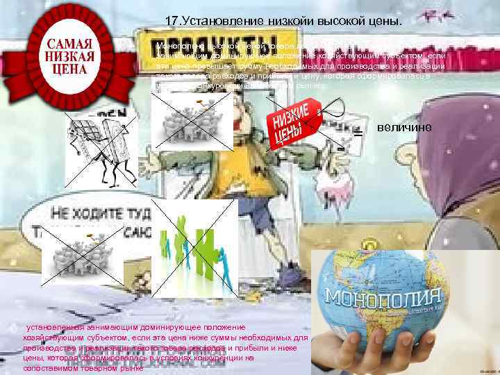 17. Установление низкойи высокой цены. Монопольно высокой ценой товара является цена, установленная занимающим доминирующее