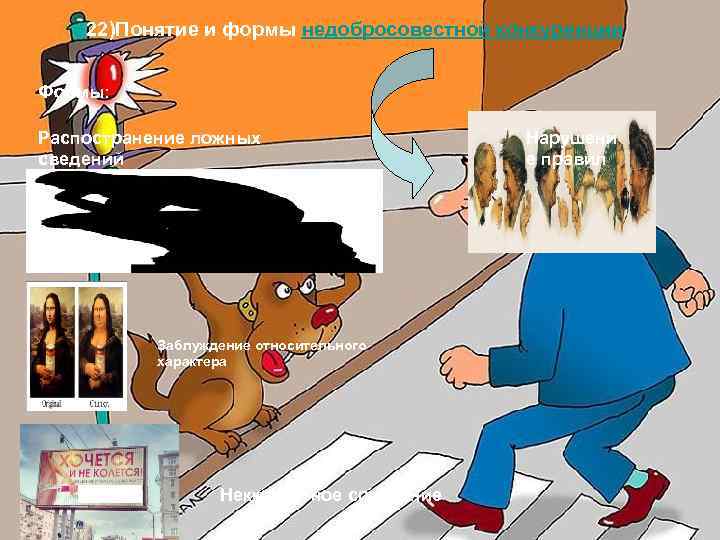 22)Понятие и формы недобросовестной конкуренции Формы: Распостранение ложных сведений Заблуждение относительного характера Неккоректное сравнение