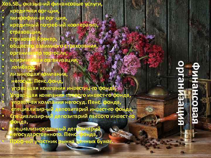 Финансовая организация Хоз. SB. , оказыв-ий финансовые услуги, • кредитная орг-ция, • микрофин-ая орг-ция,