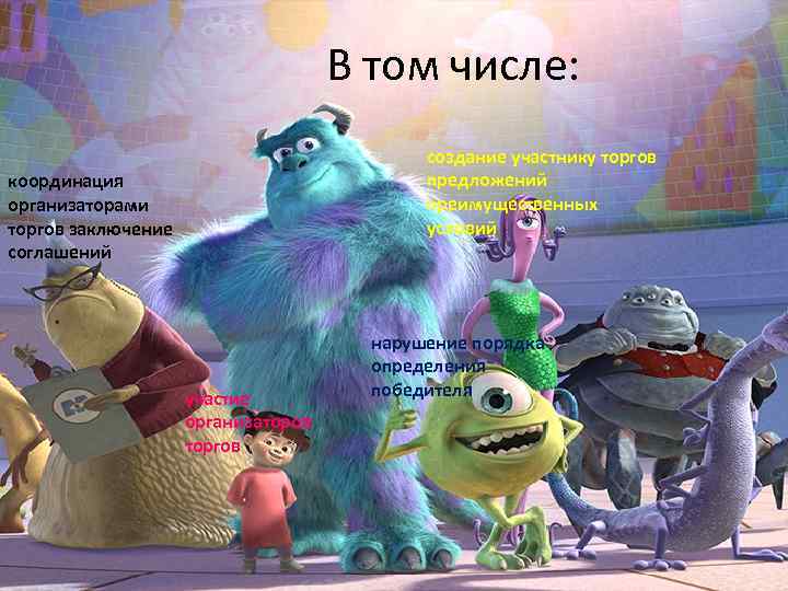 В том числе: создание участнику торгов предложений преимущественных условий координация организаторами торгов заключение соглашений