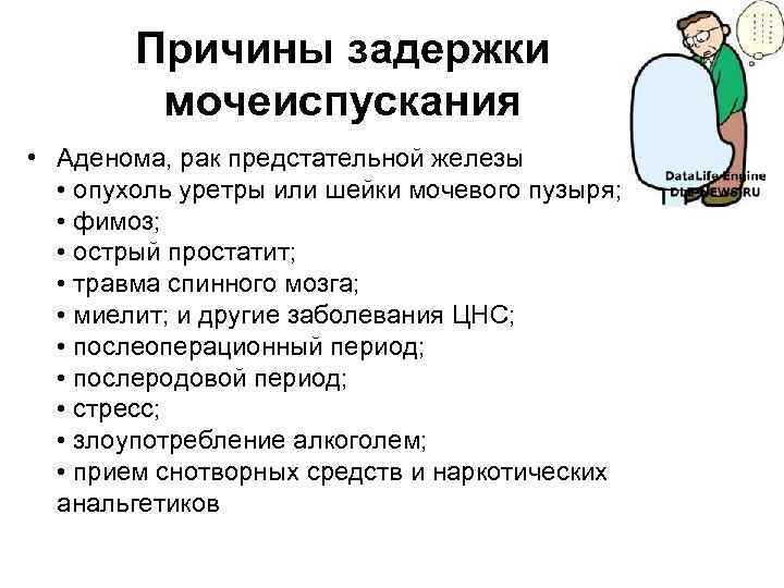 Причины задержки мочеиспускания • Аденома, рак предстательной железы • опухоль уретры или шейки мочевого