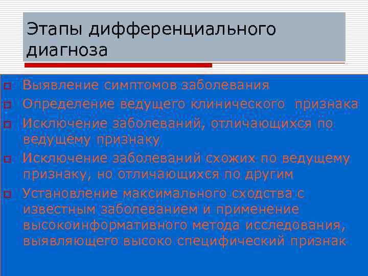 Этапы дифференциального диагноза o o o Выявление симптомов заболевания Определение ведущего клинического признака Исключение