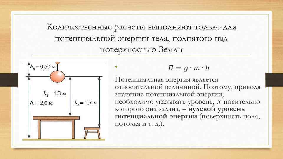 Количественные расчеты выполняют только для потенциальной энергии тела, поднятого над поверхностью Земли • 