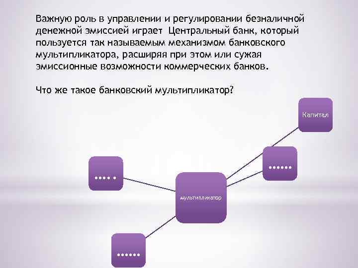 Важную роль в управлении и регулировании безналичной денежной эмиссией играет Центральный банк, который пользуется