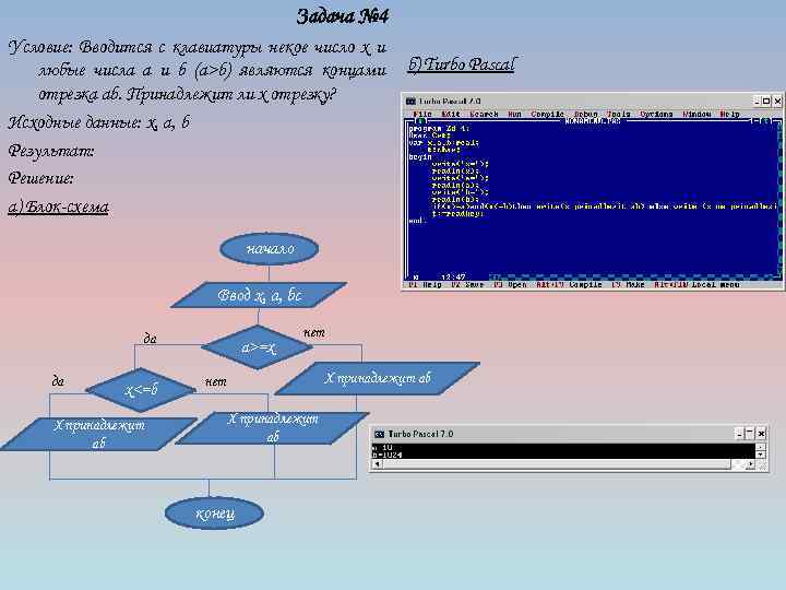 Задача № 4 Условие: Вводится с клавиатуры некое число x и любые числа a