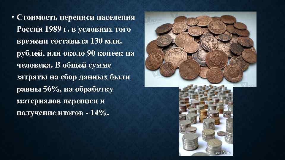  • Стоимость переписи населения России 1989 г. в условиях того времени составила 130