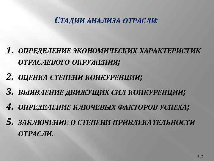 СТАДИИ АНАЛИЗА ОТРАСЛИ: 1. ОПРЕДЕЛЕНИЕ ЭКОНОМИЧЕСКИХ ХАРАКТЕРИСТИК ОТРАСЛЕВОГО ОКРУЖЕНИЯ; 2. ОЦЕНКА СТЕПЕНИ КОНКУРЕНЦИИ; 3.