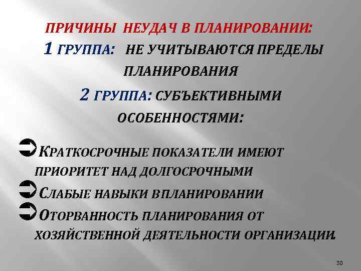 Имеют приоритет над. Пределы планирования. Причины неудач. Причины неудач стратегического планирования. Субъективное планирование.