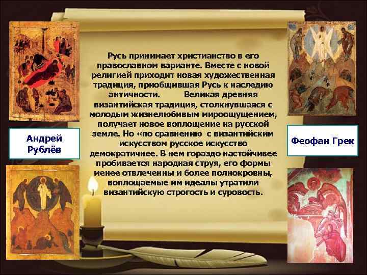 Андрей Рублёв Русь принимает христианство в его православном варианте. Вместе с новой религией приходит