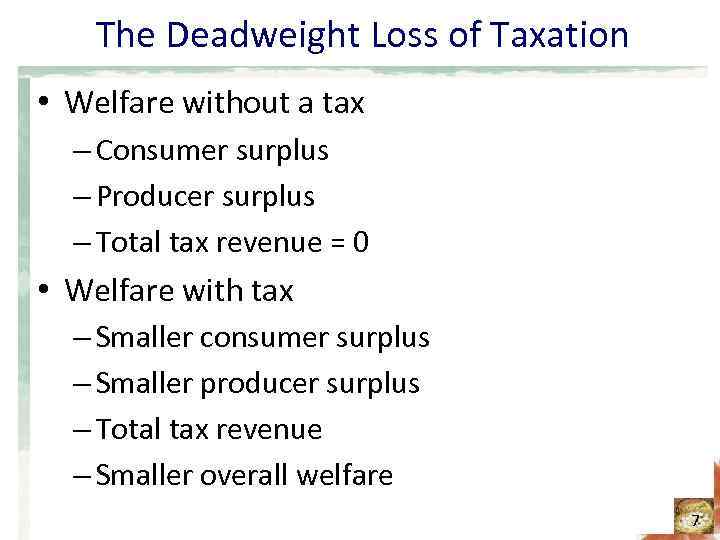 The Deadweight Loss of Taxation • Welfare without a tax – Consumer surplus –