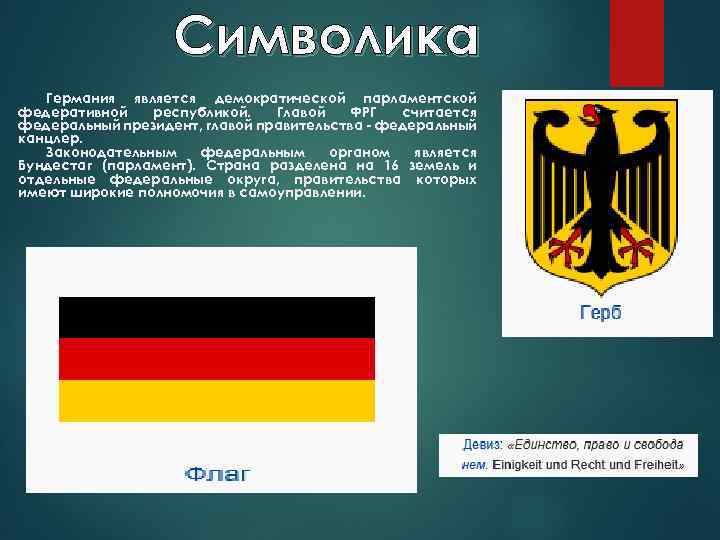Символика Германия является демократической парламентской федеративной республикой. Главой ФРГ считается федеральный президент, главой правительства