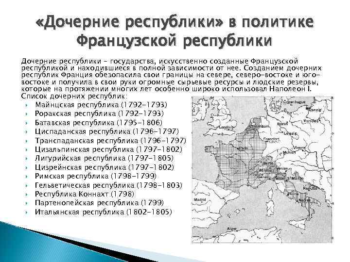  «Дочерние республики» в политике Французской республики Дочерние республики – государства, искусственно созданные Французской