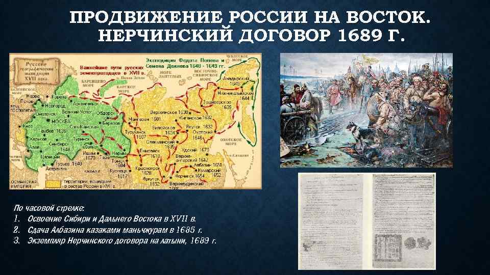 ПРОДВИЖЕНИЕ РОССИИ НА ВОСТОК. НЕРЧИНСКИЙ ДОГОВОР 1689 Г. По часовой стрелке: 1. Освоение Сибири