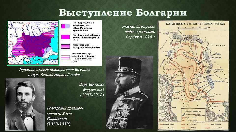 Выступление Болгарии Участие болгарских войск в разгроме Сербии в 1915 г. Территориальные приобретения Болгарии