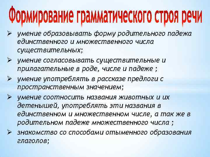 Ø умение образовывать форму родительного падежа единственного и множественного числа существительных; Ø умение согласовывать