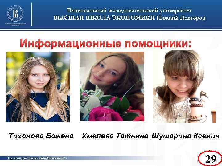 Национальный исследовательский университет ВЫСШАЯ ШКОЛА ЭКОНОМИКИ Нижний Новгород Информационные помощники: фото Тихонова Божена Высшая