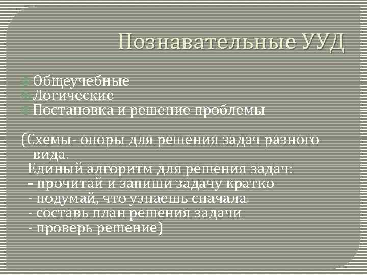 Познавательные УУД Общеучебные Логические Постановка и решение проблемы (Схемы- опоры для решения задач разного