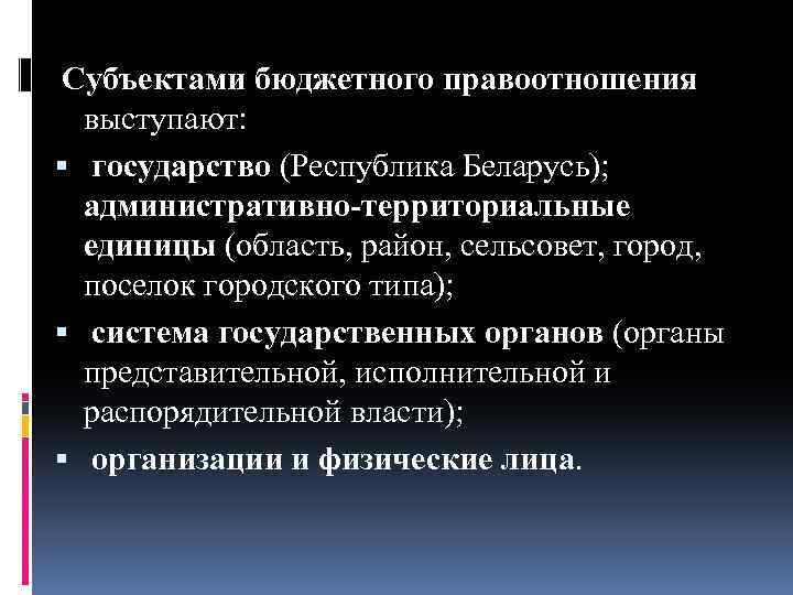 Субъектами бюджетного правоотношения выступают: государство (Республика Беларусь); административно-территориальные единицы (область, район, сельсовет, город, поселок