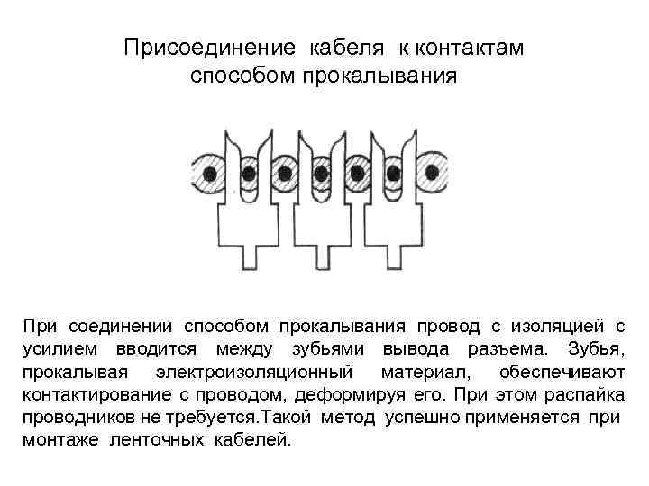 Присоединение кабеля к контактам способом прокалывания При соединении способом прокалывания провод с изоляцией с