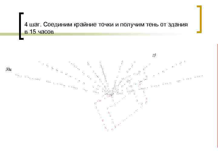 4 шаг. Соединим крайние точки и получим тень от здания в 15 часов 